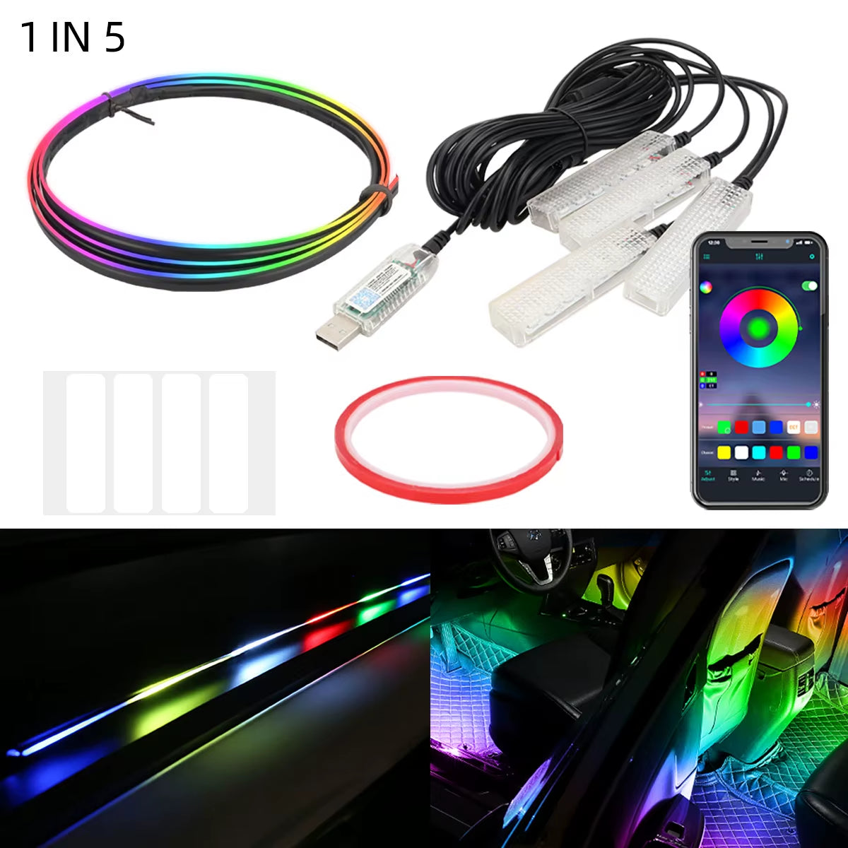 4In1 Symphony Car Foot Lamp USB App Control Led Interior Light Decorative Hidden Atmosphere Lights Car Ambient Lights Neon Light